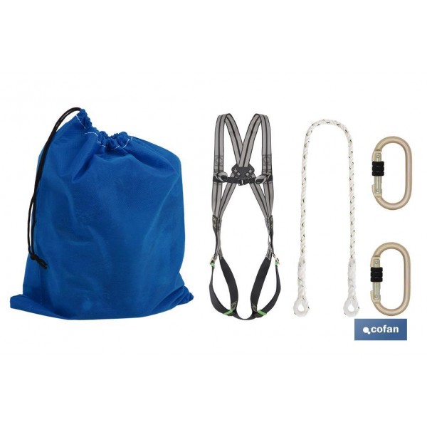 Conjunto arnés completo I 2 pontos ancoragem I Corda segurança I 2 mosquetões de segurança I EN 361/EN 354/EN 362